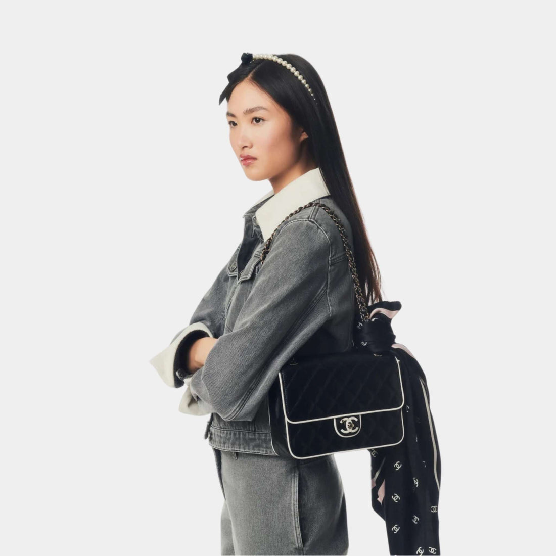 Chanel Jacket Washed Out Denim Grey & White, Model, Half