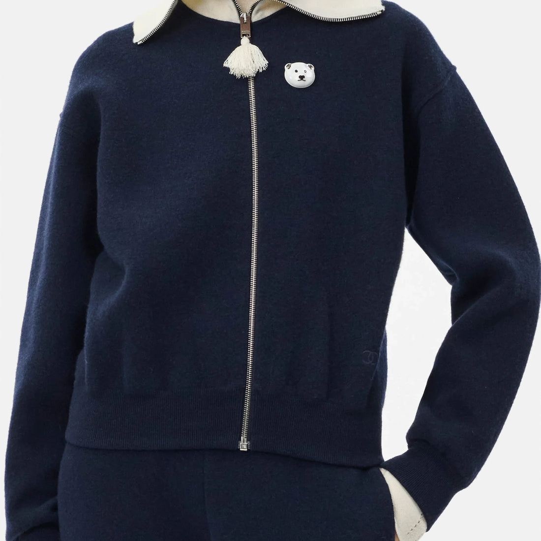 Chanel Jacket Wool & Cashmere in Navy Blue and White, Coco Neige 2026, worn front view