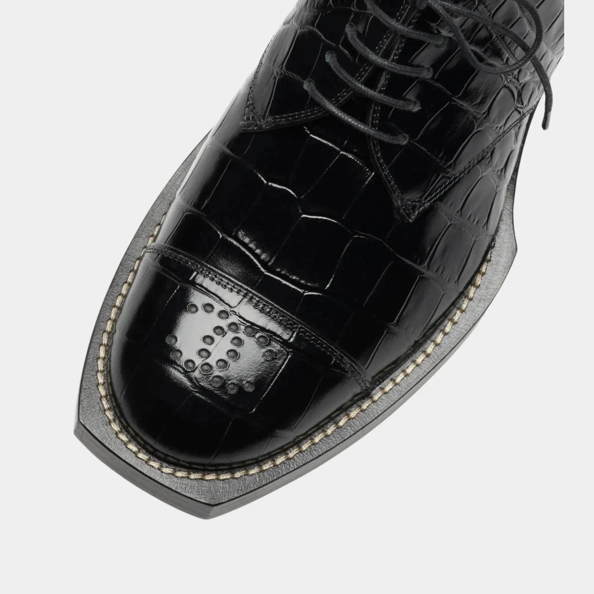 Chanel Lace-Up Shoes in Crocodile Embossed Patent Calfskin, Black, Top