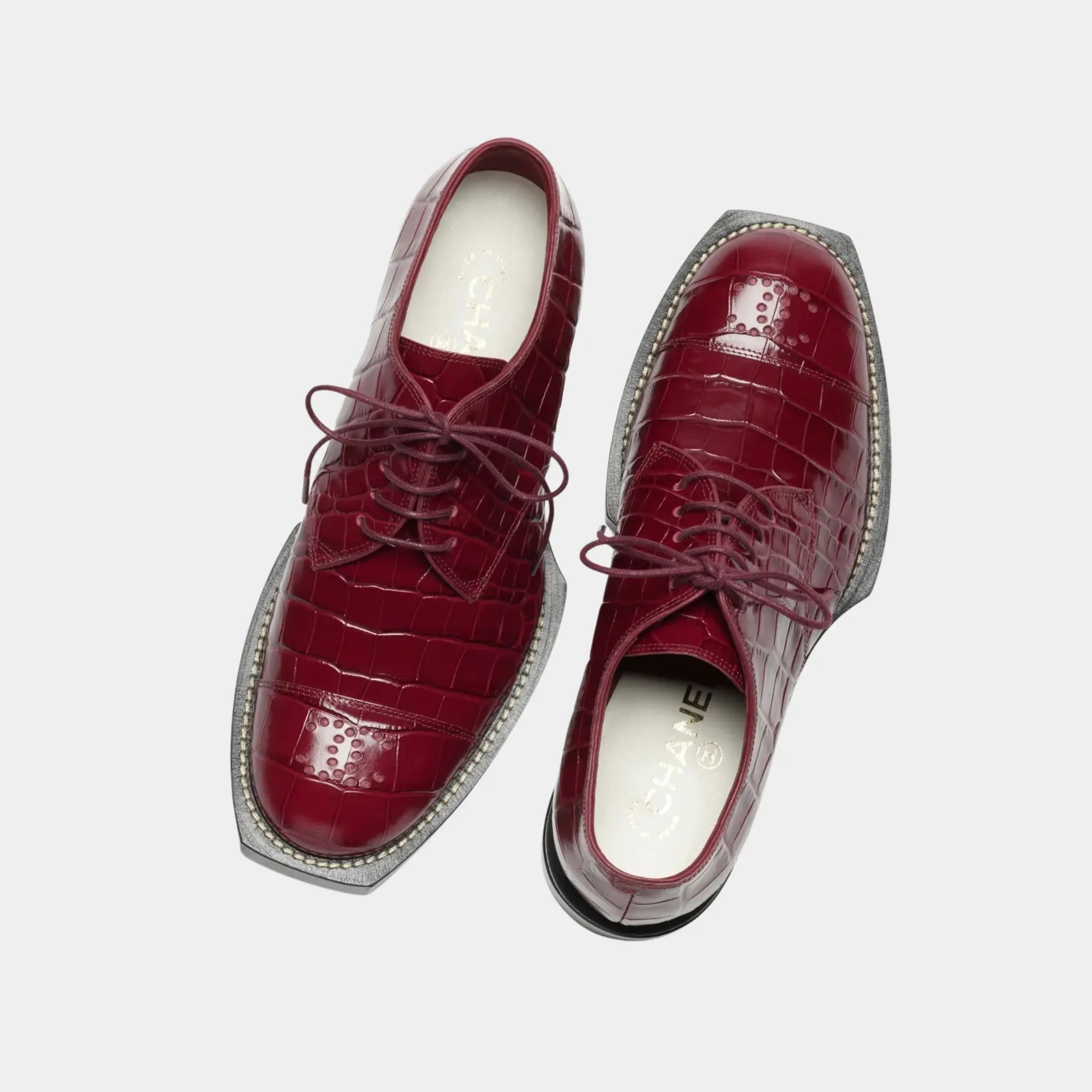 Chanel Lace-Up Shoes in Crocodile Embossed Patent Calfskin, Burgundy, Top
