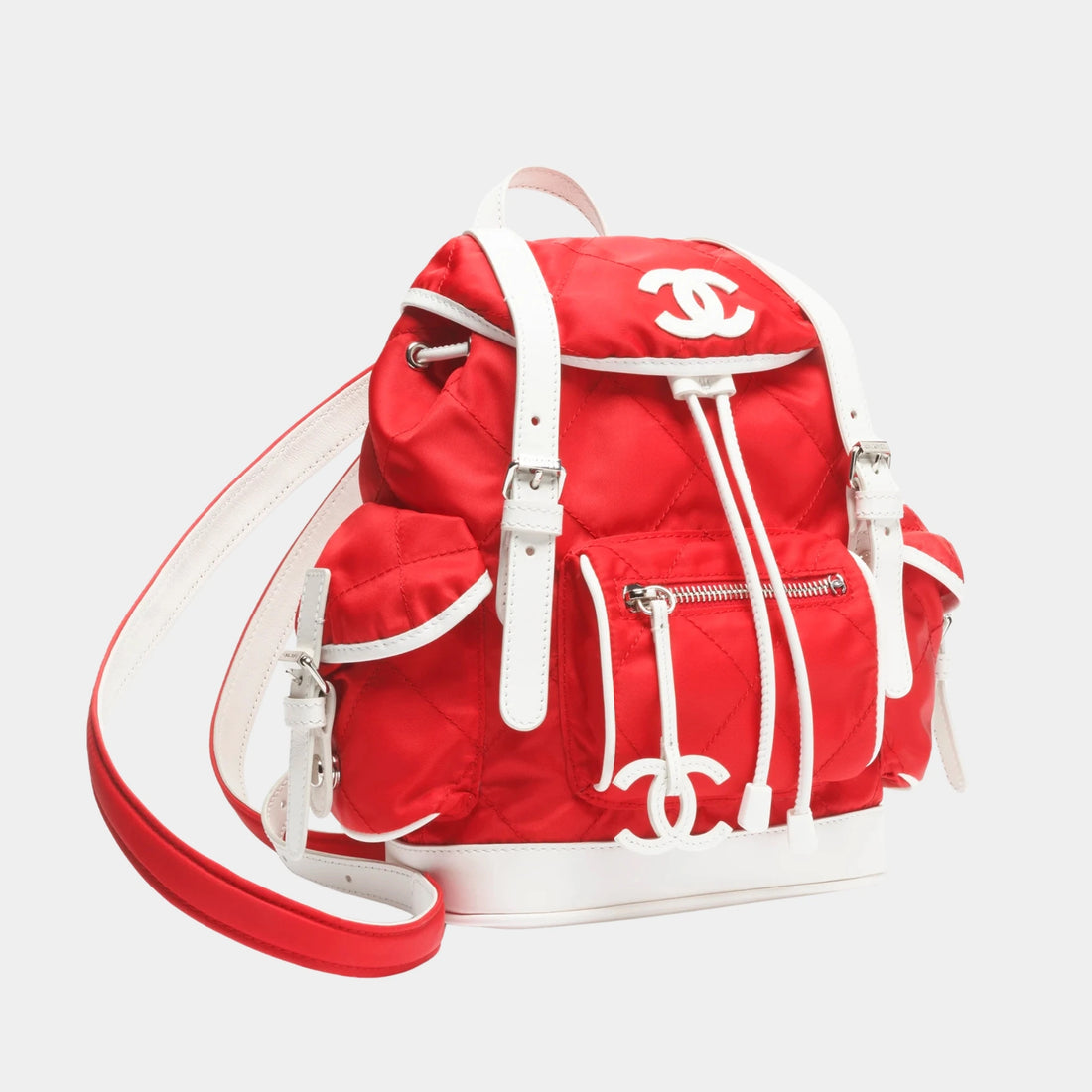 Chanel Large Backpack Nylon Calfskin &amp; Silver-Tone Metal Red &amp; White