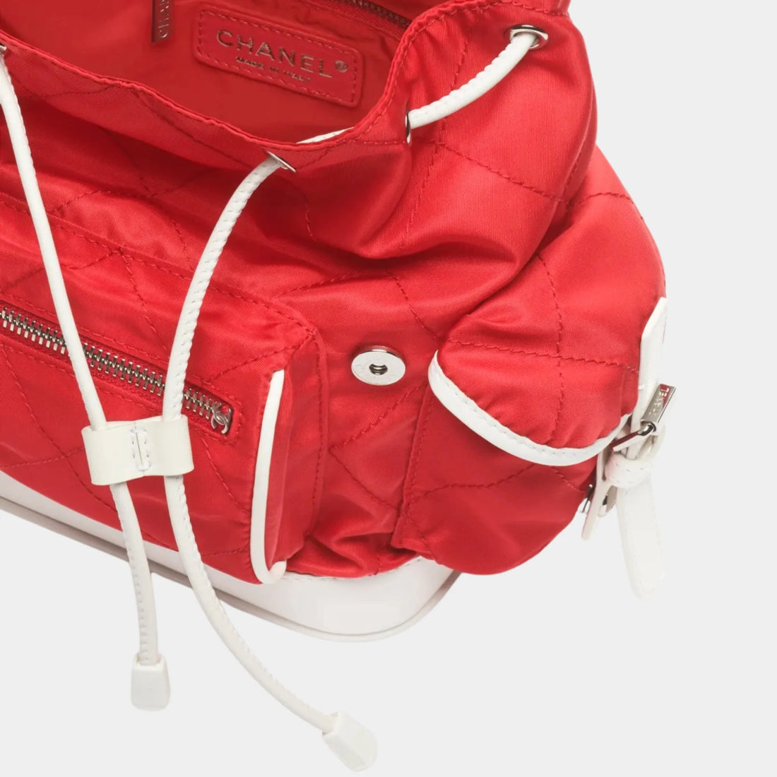 Chanel Large Backpack Nylon Calfskin & Silver-Tone Metal Red & White