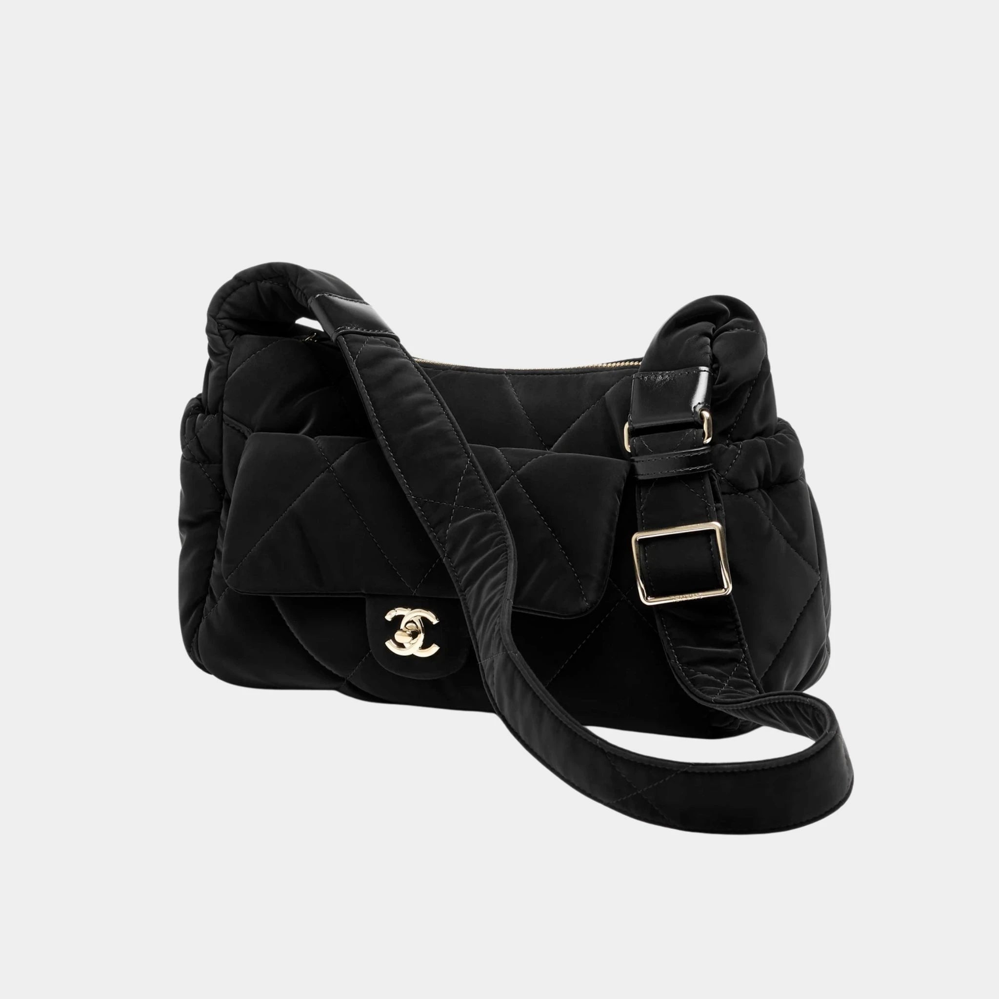 Large Bowling Bag Black Velvet Effect Nylon &amp; Gold Metal , Side