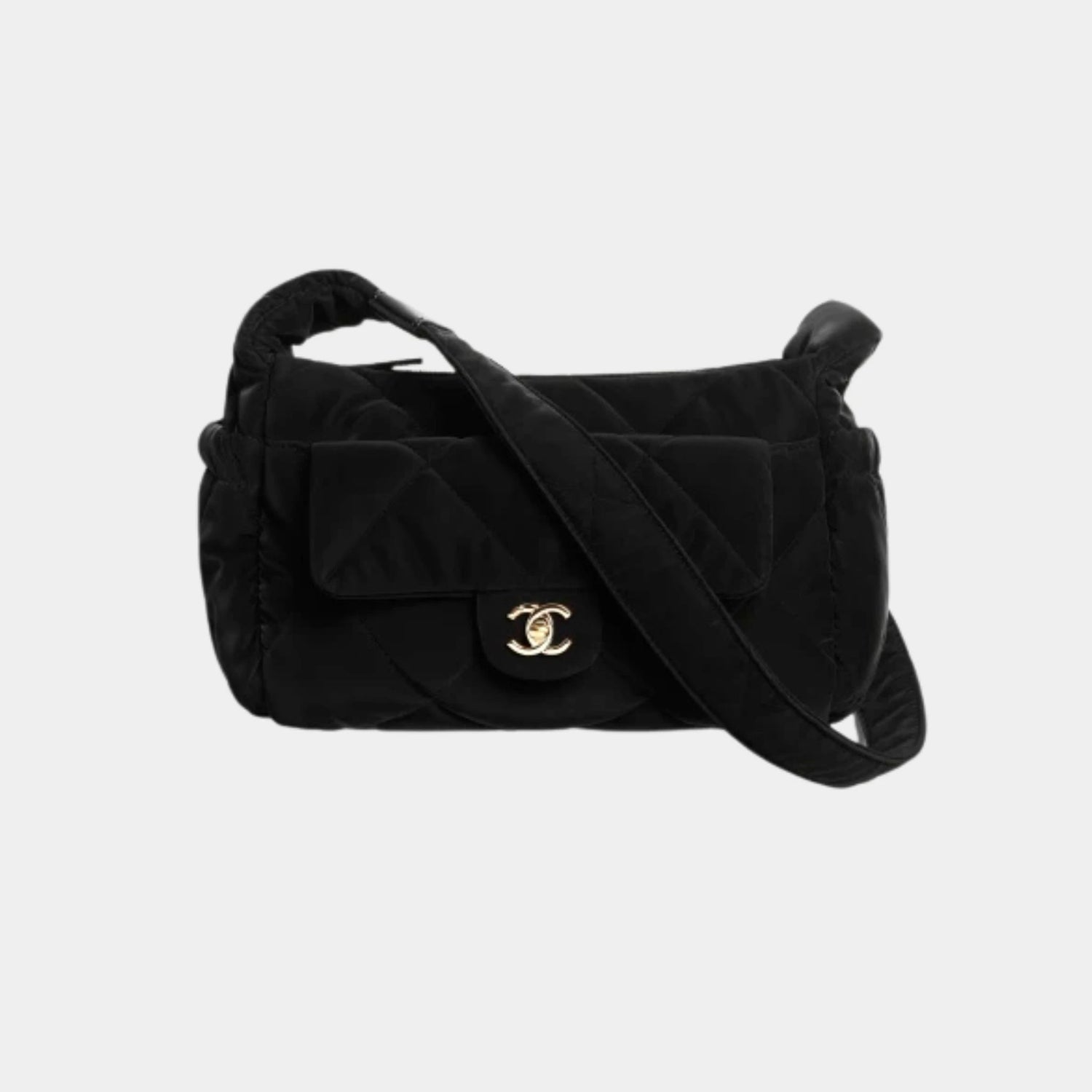 Large Bowling Bag Black Velvet Effect Nylon &amp; Gold Metal , Front