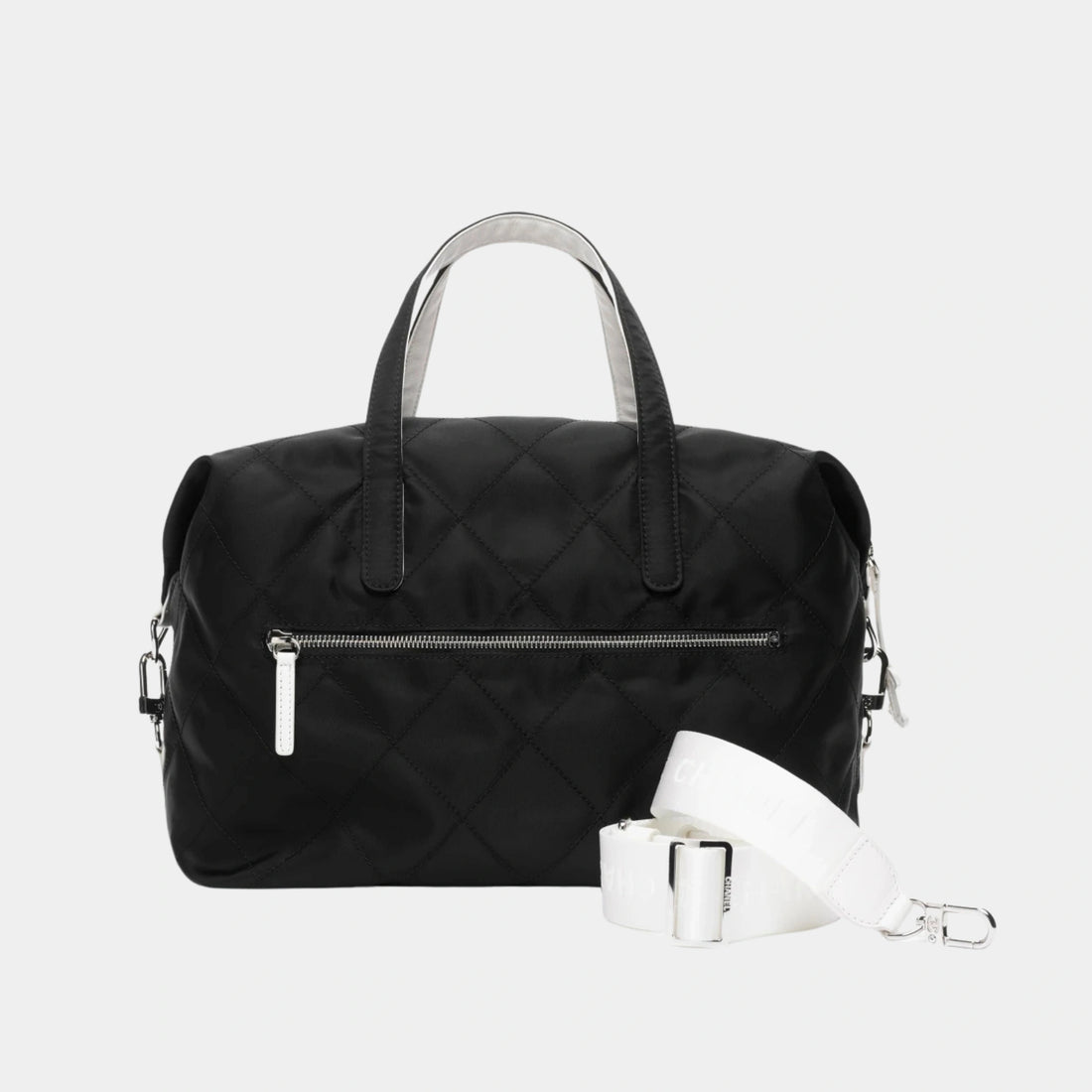Chanel Large Bowling Bag Nylon Calfskin & Silver-Tone Metal , Black And White 