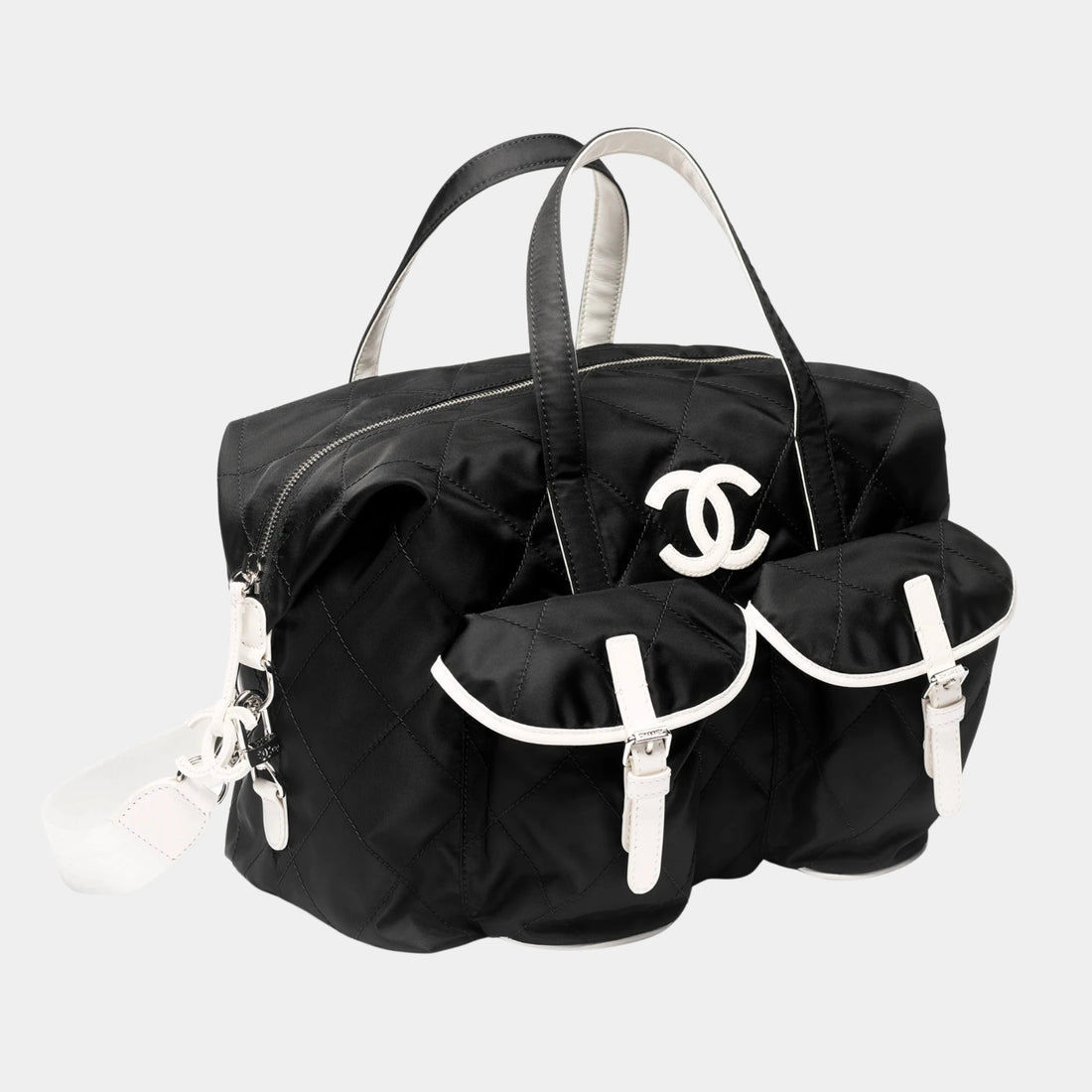 Chanel Large Bowling Bag Nylon Calfskin & Silver-Tone Metal , Black And White