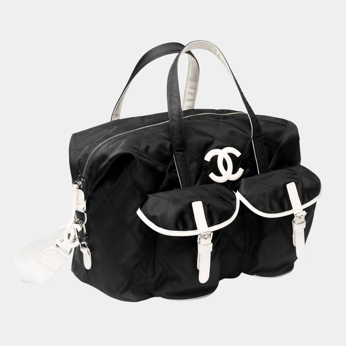 Large Bowling Bag Nylon Calfskin & Silver-Tone Metal — Black & White