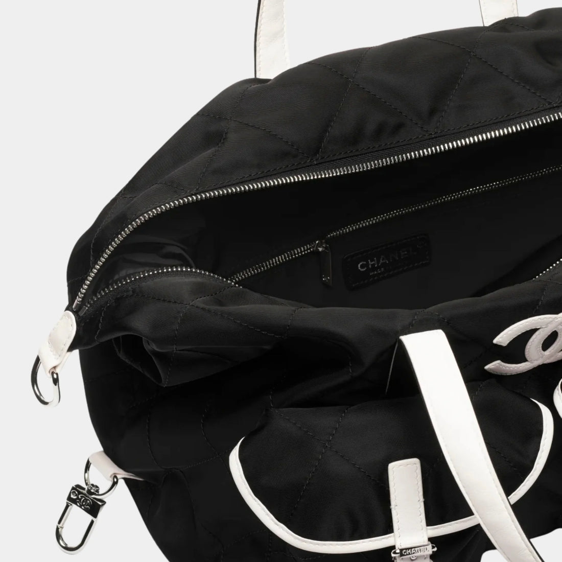 Chanel Large Bowling Bag Nylon Calfskin & Silver-Tone Metal , Black And White 
