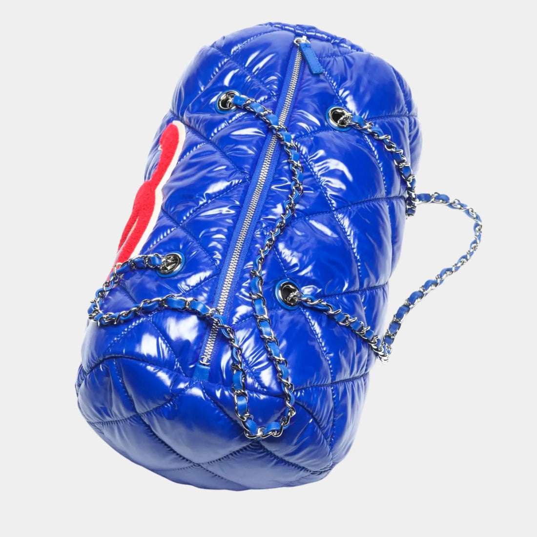 Large Bowling Bag Nylon Wool & Silver-Tone Metal Blue Red & Ecru