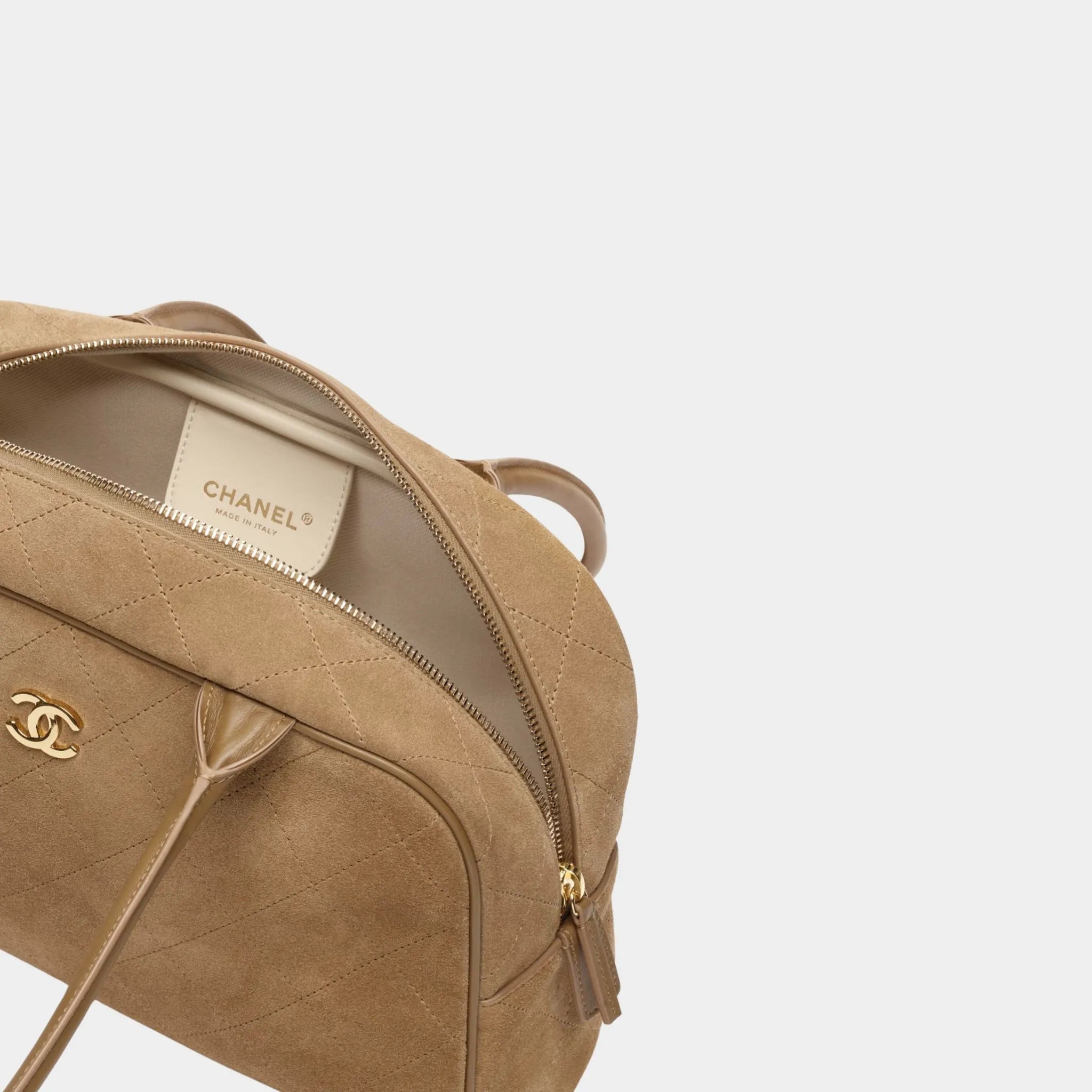 Large Bowling Bag Suede, Calfskin &amp; Gold-Tone Metal