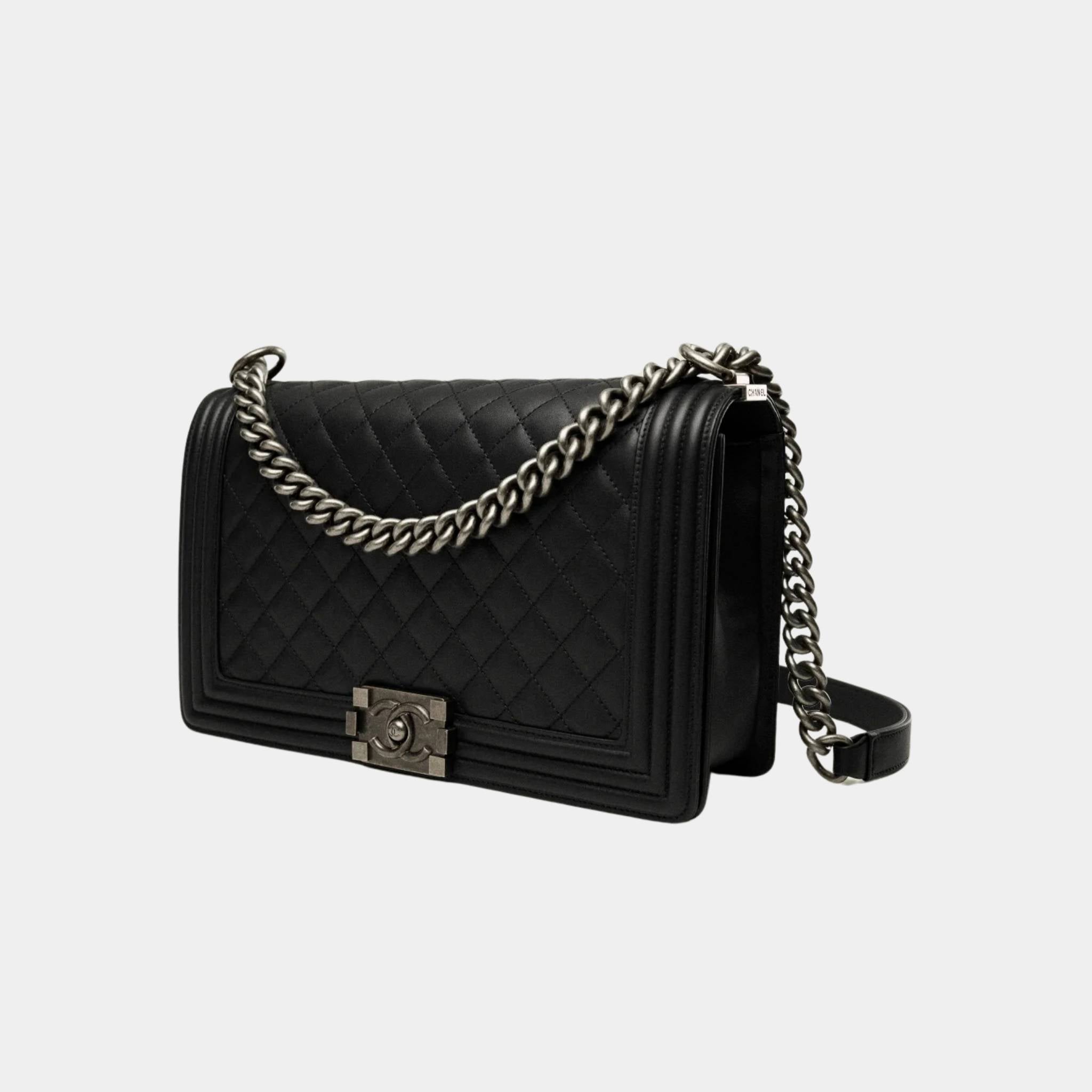Chanel Large Boy Chanel Handbag Calfskin Ruthenium Finish Metal Black, Side