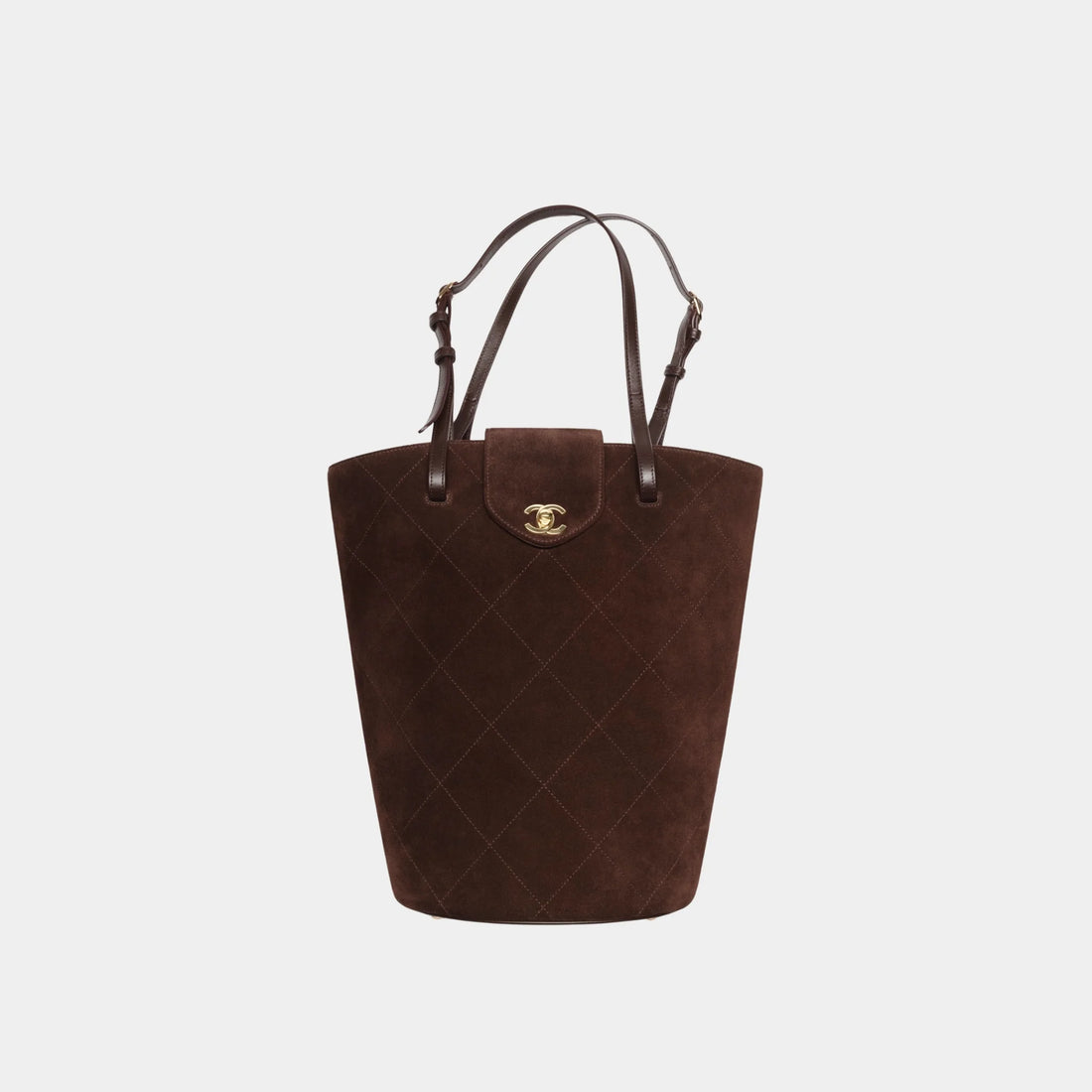 Chanel Large Bucket Bag in Dark Brown Suede Calfskin &amp; Gold Metal, Front