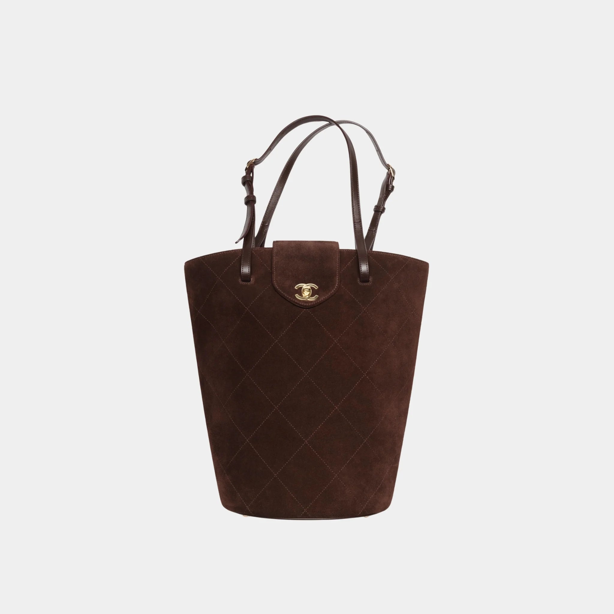 Chanel Large Bucket Bag in Dark Brown Suede Calfskin &amp; Gold Metal, Front