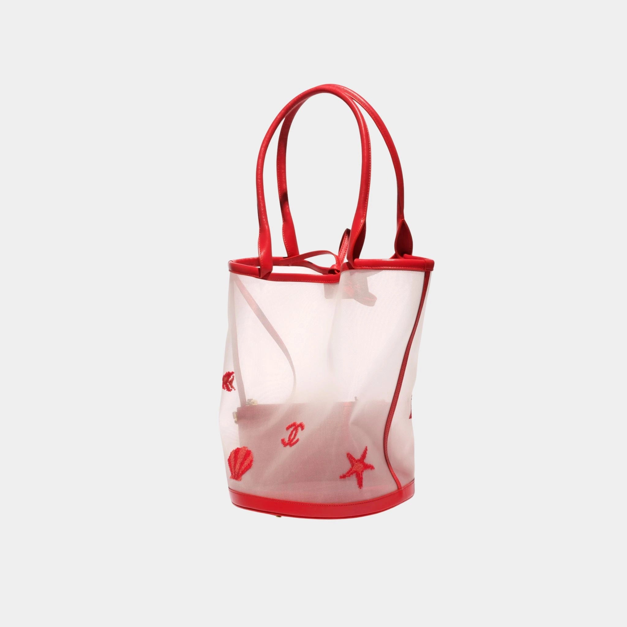 Chanel Large Bucket Bag Embroidered Mesh &amp; Calfskin Transparent &amp; red, Front