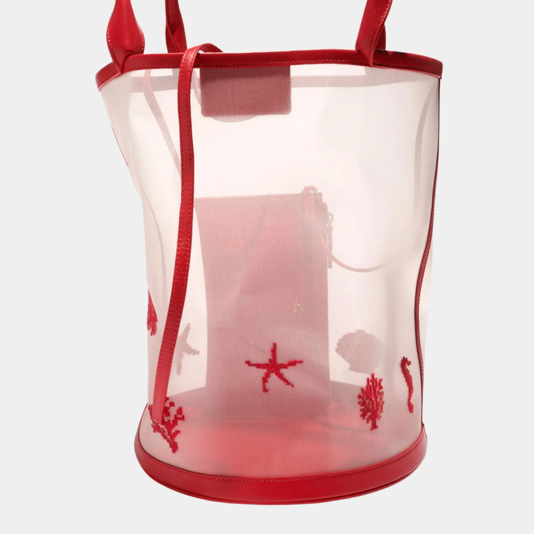 Chanel Large Bucket Bag Embroidered Mesh & Calfskin Transparent & red, Side