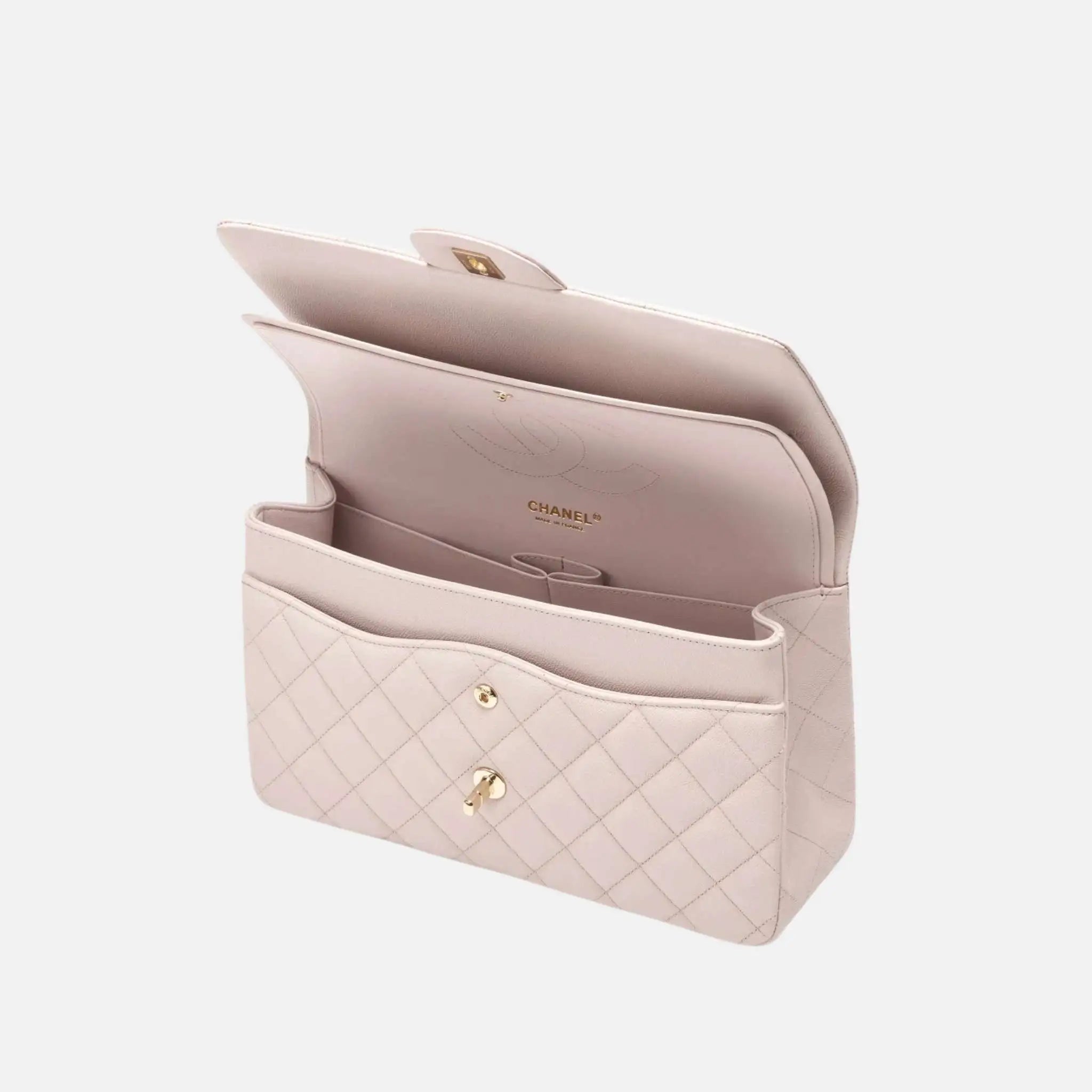 Chanel Large Classic Handbag Grained Calfskin Gold Tone , Light Pink, Inside