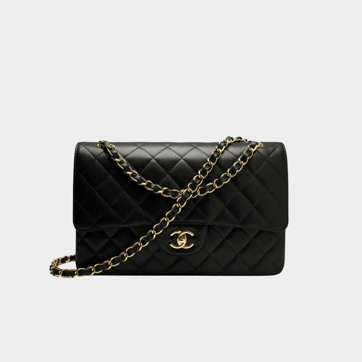 Chanel Large Classic Handbag Grained Calfskin Gold Tone Metal Black, Front