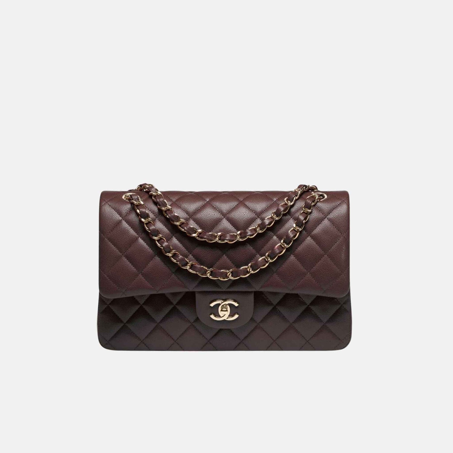 Chanel Large Classic Handbag In Grained Shiny Calfskin And Gold Tone Metal, Dark Brown, Front