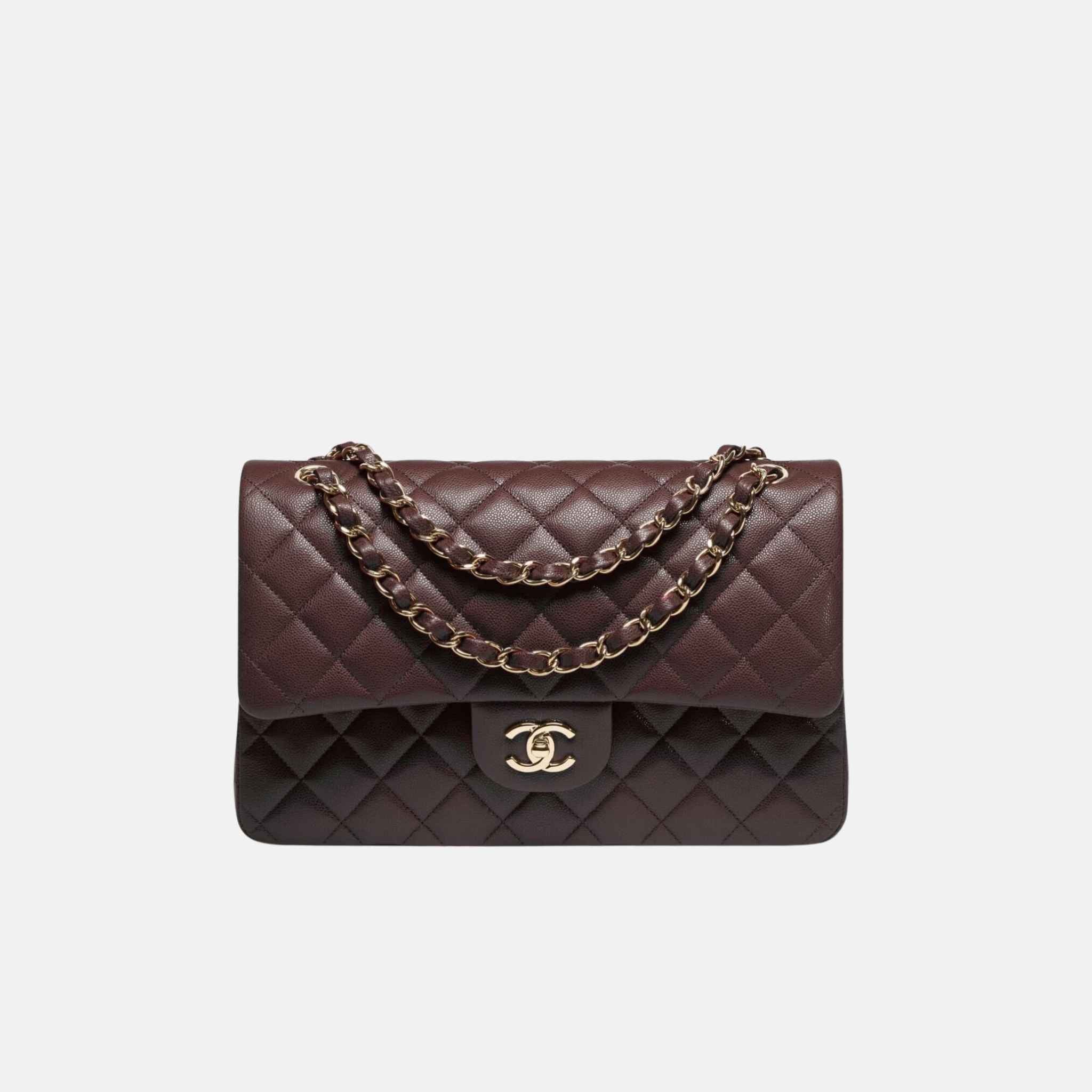 Chanel Large Classic Handbag In Grained Shiny Calfskin And Gold Tone Metal, Dark Brown, Front