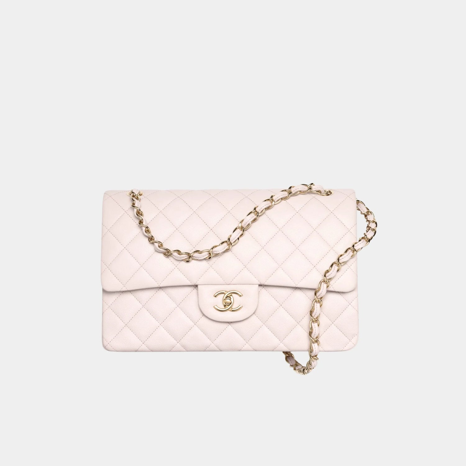 Chanel Large Classic Handbag In Grained Shiny Calfskin And Gold Tone, Light Pink