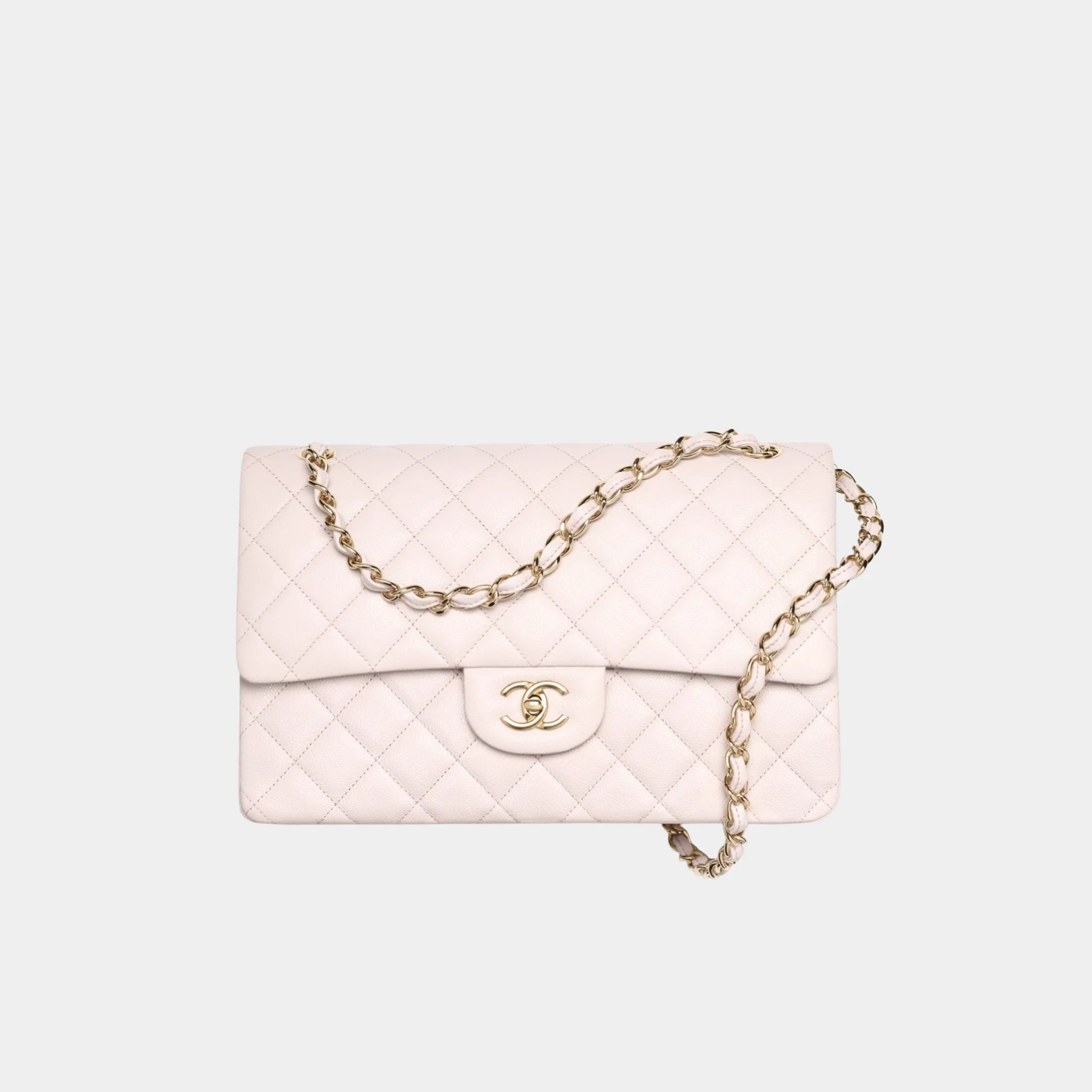 Chanel Large Classic Handbag In Grained Shiny Calfskin And Gold Tone, Light Pink