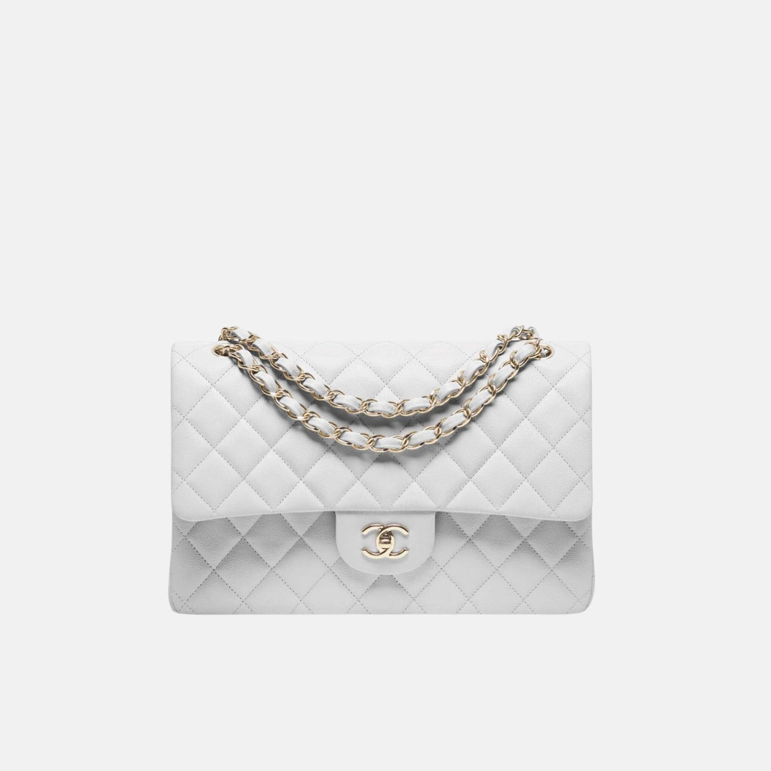 Chanel Large Classic Handbag In Grained Shiny Calfskin And Gold Tone Metal, Light Grey, Front