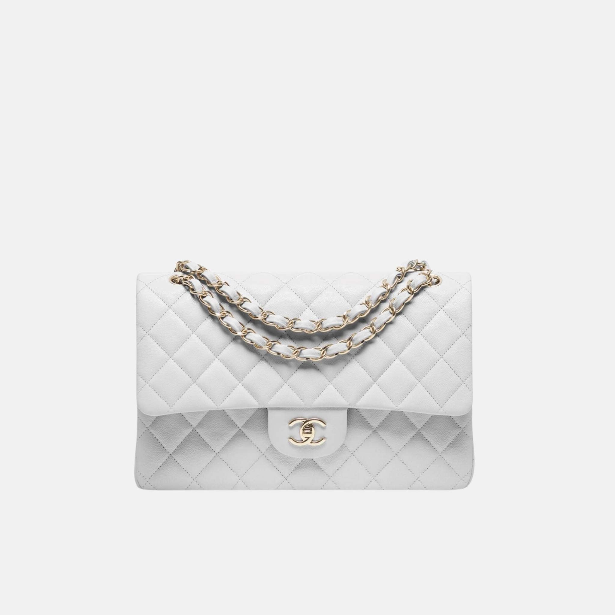 Chanel Large Classic Handbag In Grained Shiny Calfskin And Gold Tone Metal, Light Grey, Front