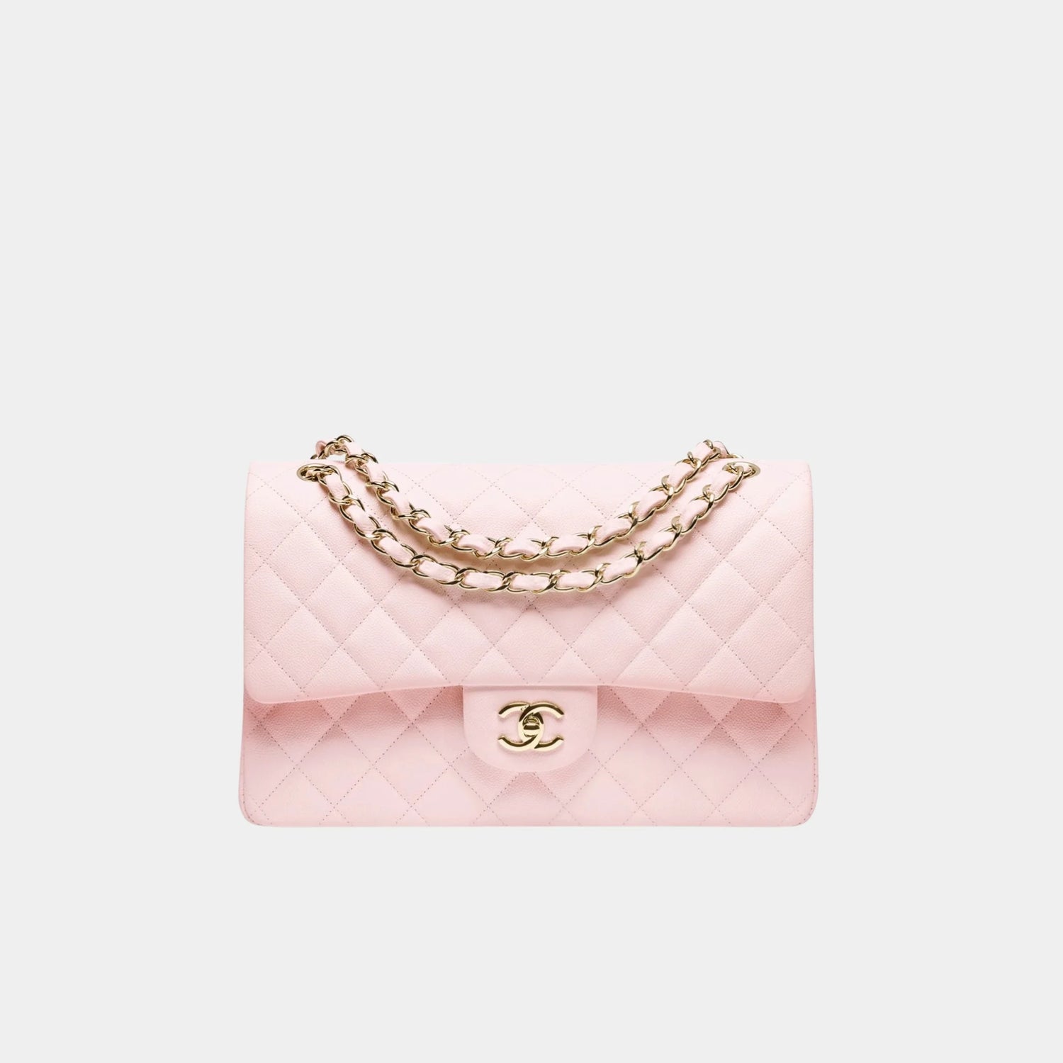 Chanel Large Classic Handbag In Grained Shiny Calfskin And Gold Tone, Pink