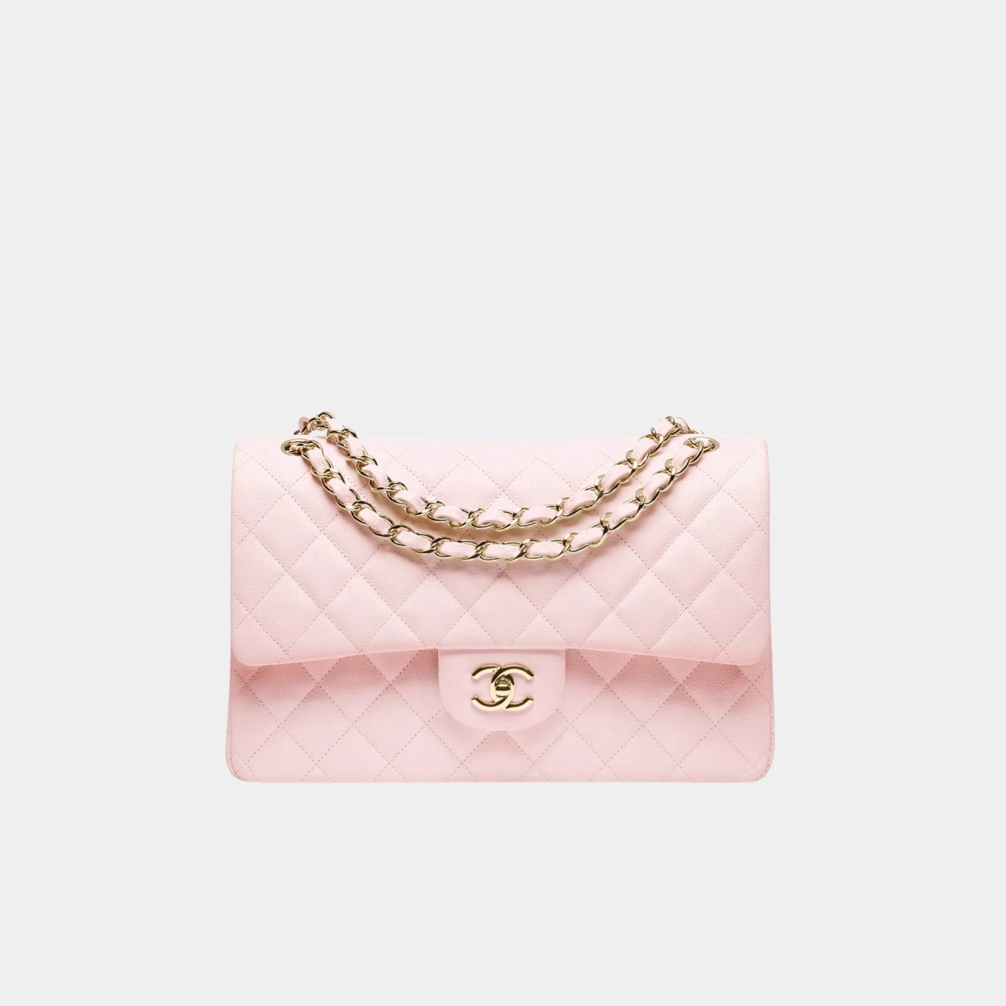 Chanel Large Classic Handbag In Grained Shiny Calfskin And Gold Tone, Pink