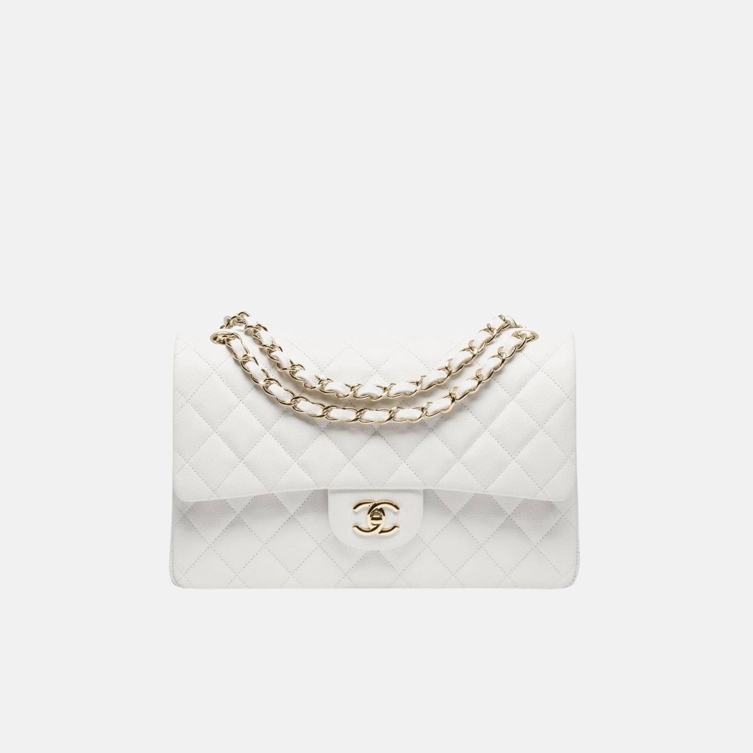 Chanel Large Classic Handbag In Grained Shiny Calfskin And Gold Tone Metal, White, Front