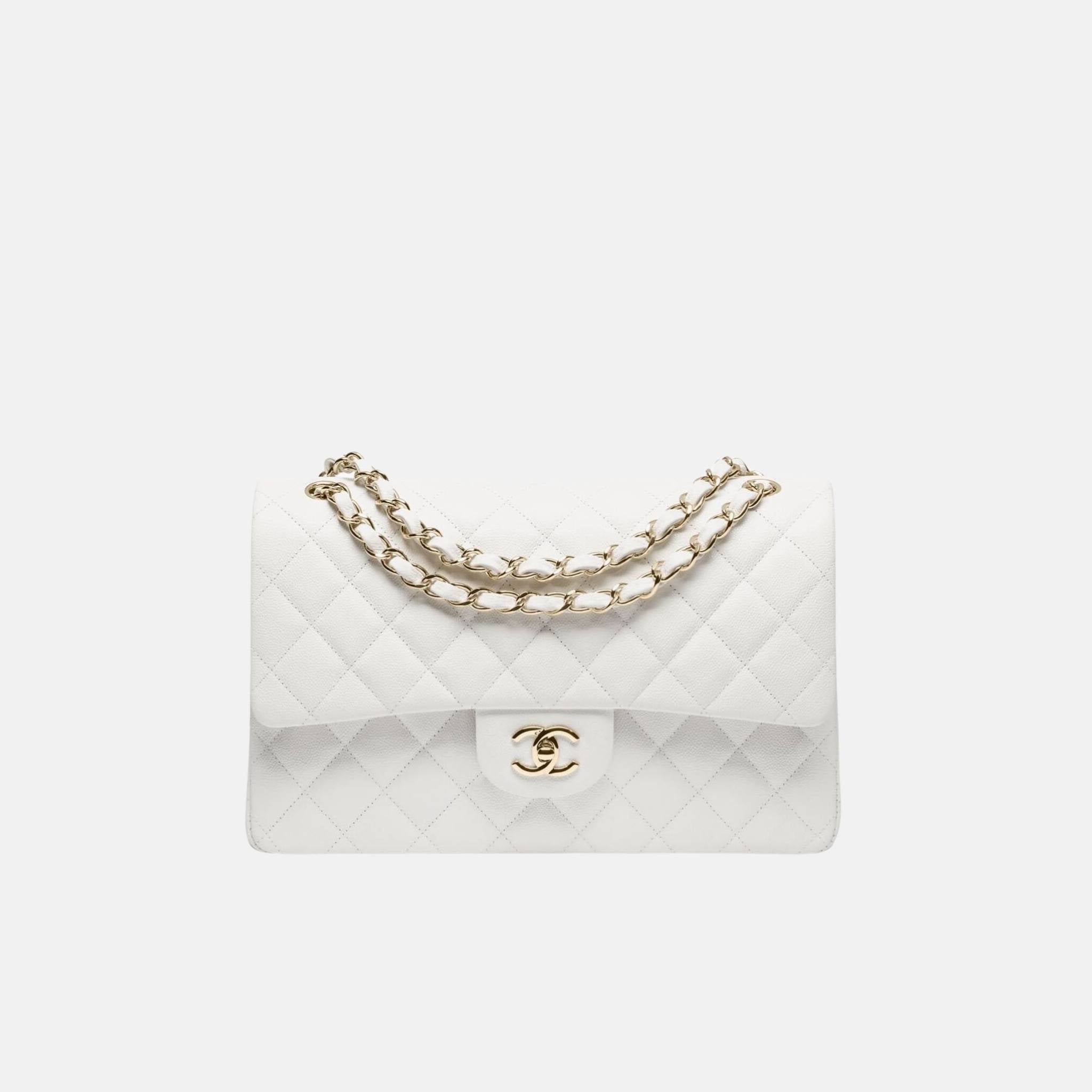Chanel Large Classic Handbag In Grained Shiny Calfskin And Gold Tone Metal, White, Front