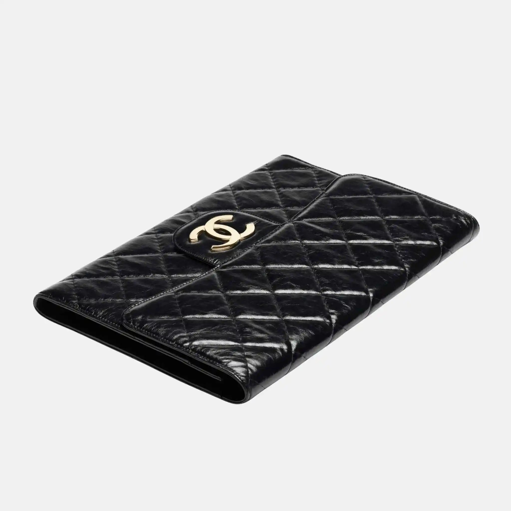 Chanel Large Clutch Shiny Crumpled Calfskin Gold Tone Metal, Black, Front