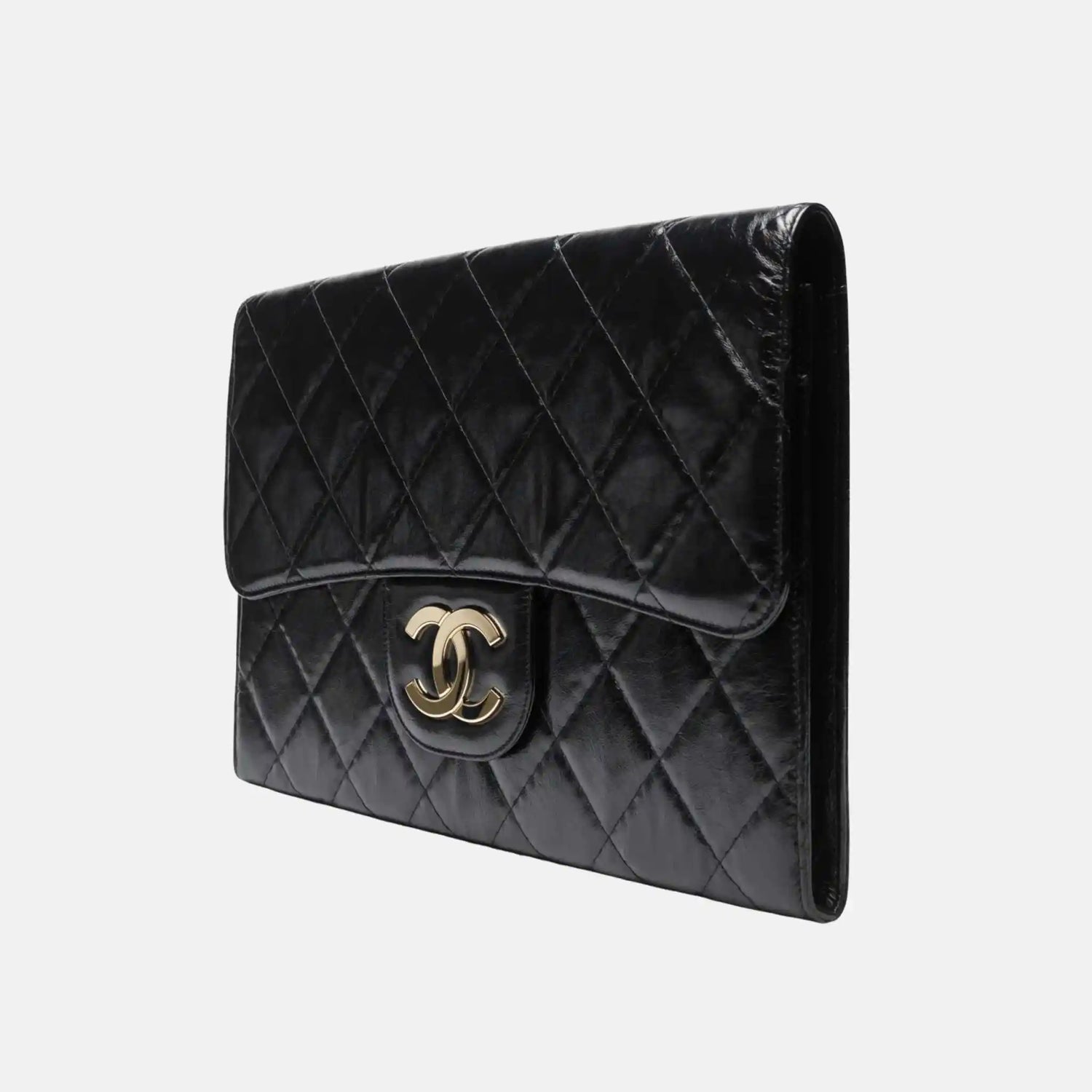 Chanel Large Clutch Shiny Crumpled Calfskin Gold Tone Metal, Black, Side