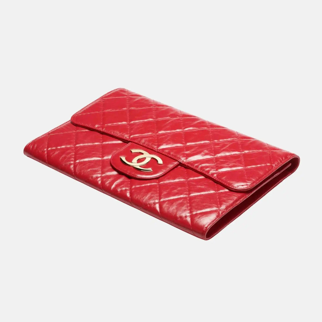 Chanel Large Clutch Shiny Crumpled Calfskin Gold Tone Metal, Red, Front