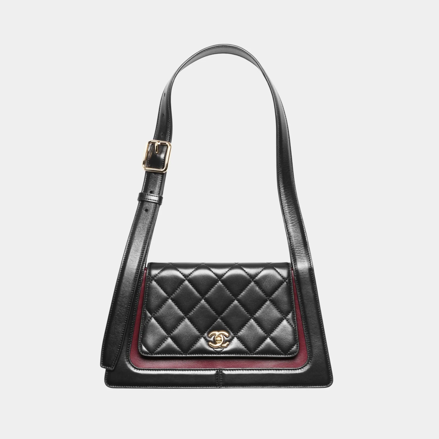 Chanel Large Flap Bag in Black &amp; Dark Burgundy Shiny Calfskin, Front