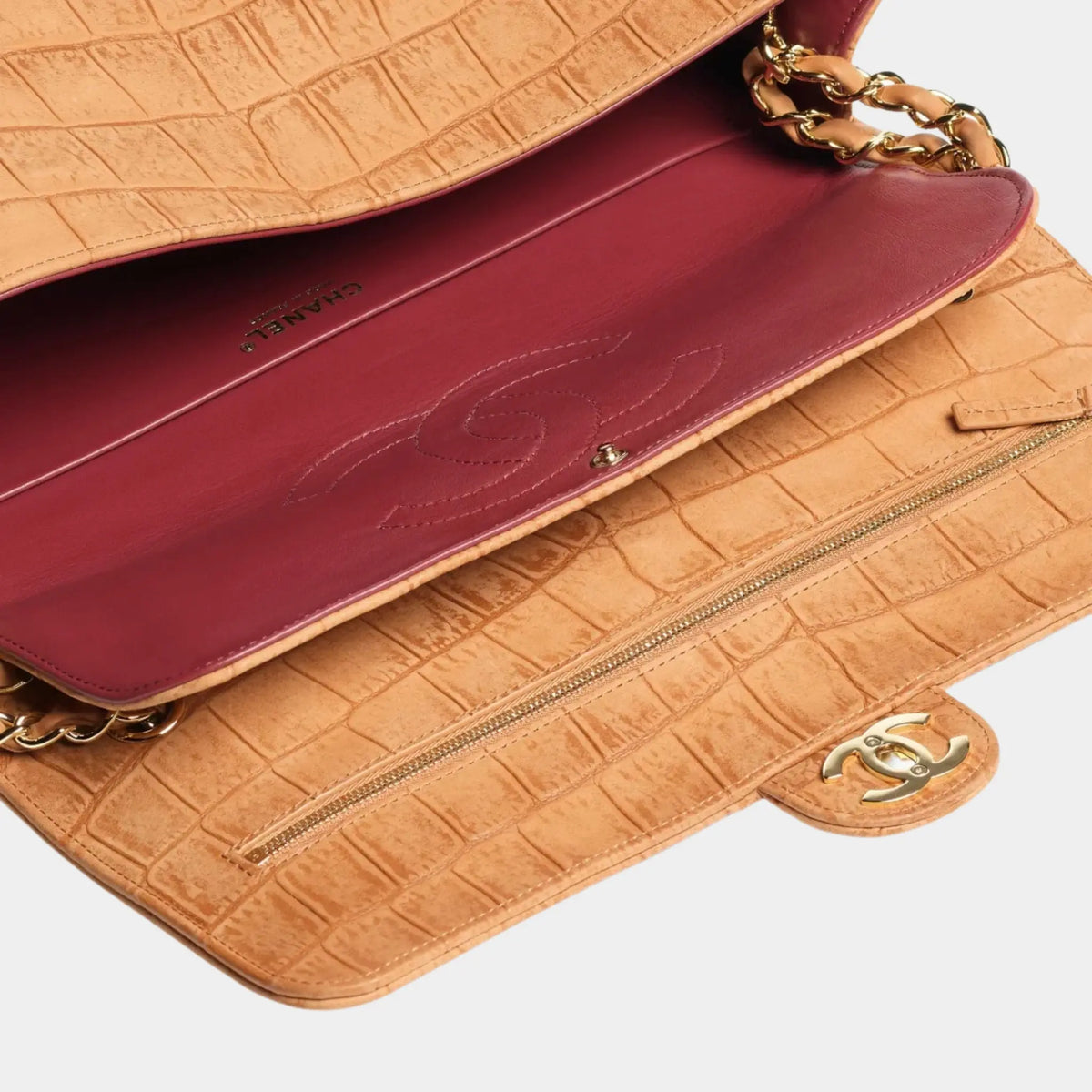 Chanel Large Flap Bag Crocodile Suede Calfskin &amp; Gold-Tone Metal Camel