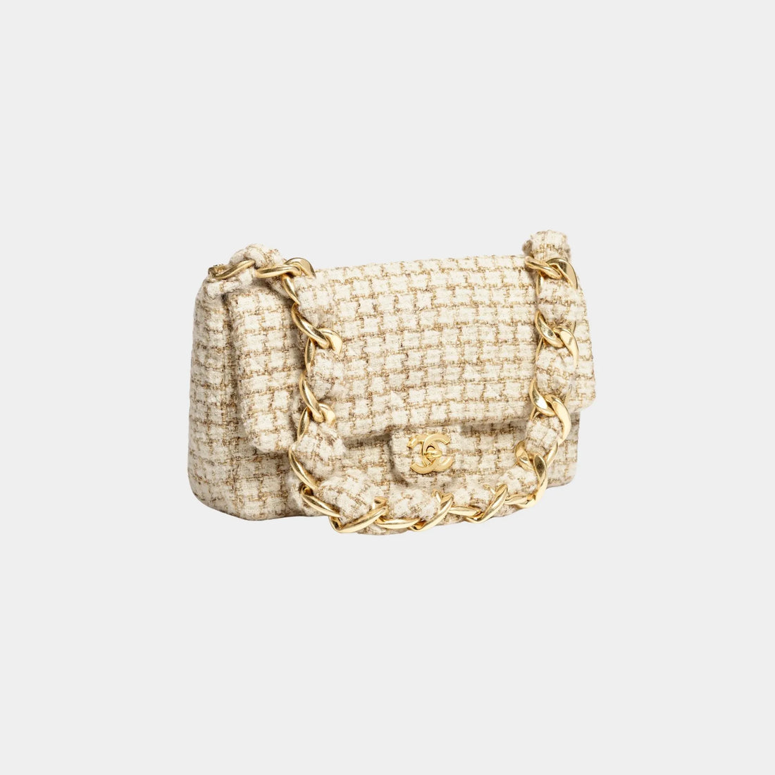 Chanel Large Flap Bag Tweed & Gold Metal Ecru Beige & Gold, Front