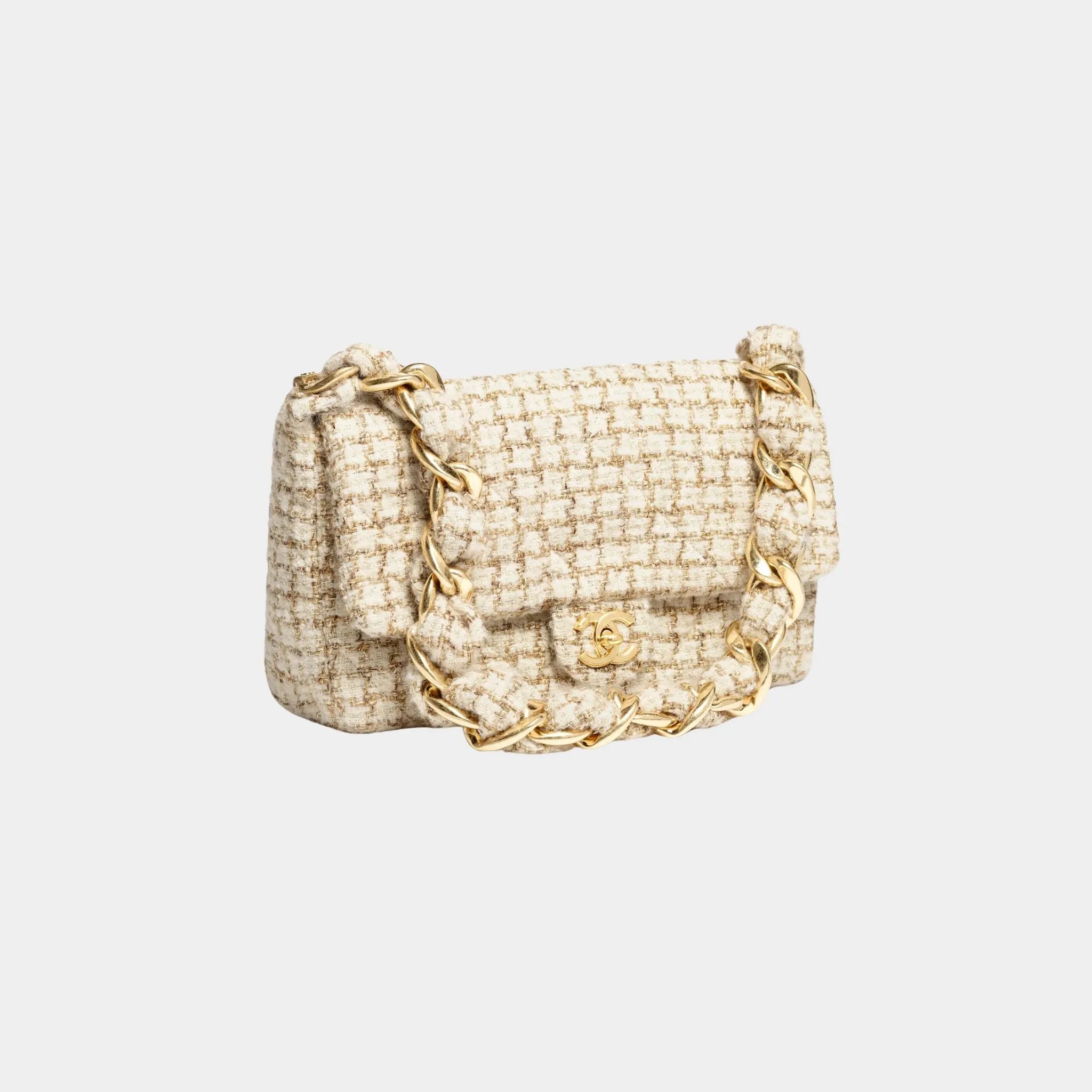 Chanel Large Flap Bag Tweed &amp; Gold Metal Ecru Beige &amp; Gold, Front