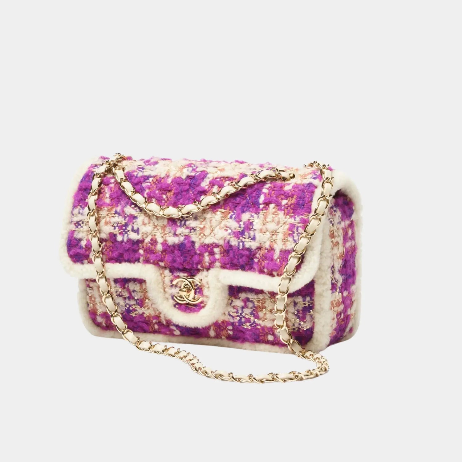 Chanel Large Flap Bag Tweed and Sheepskin with Gold-Tone Metal, Fuchsia, Front