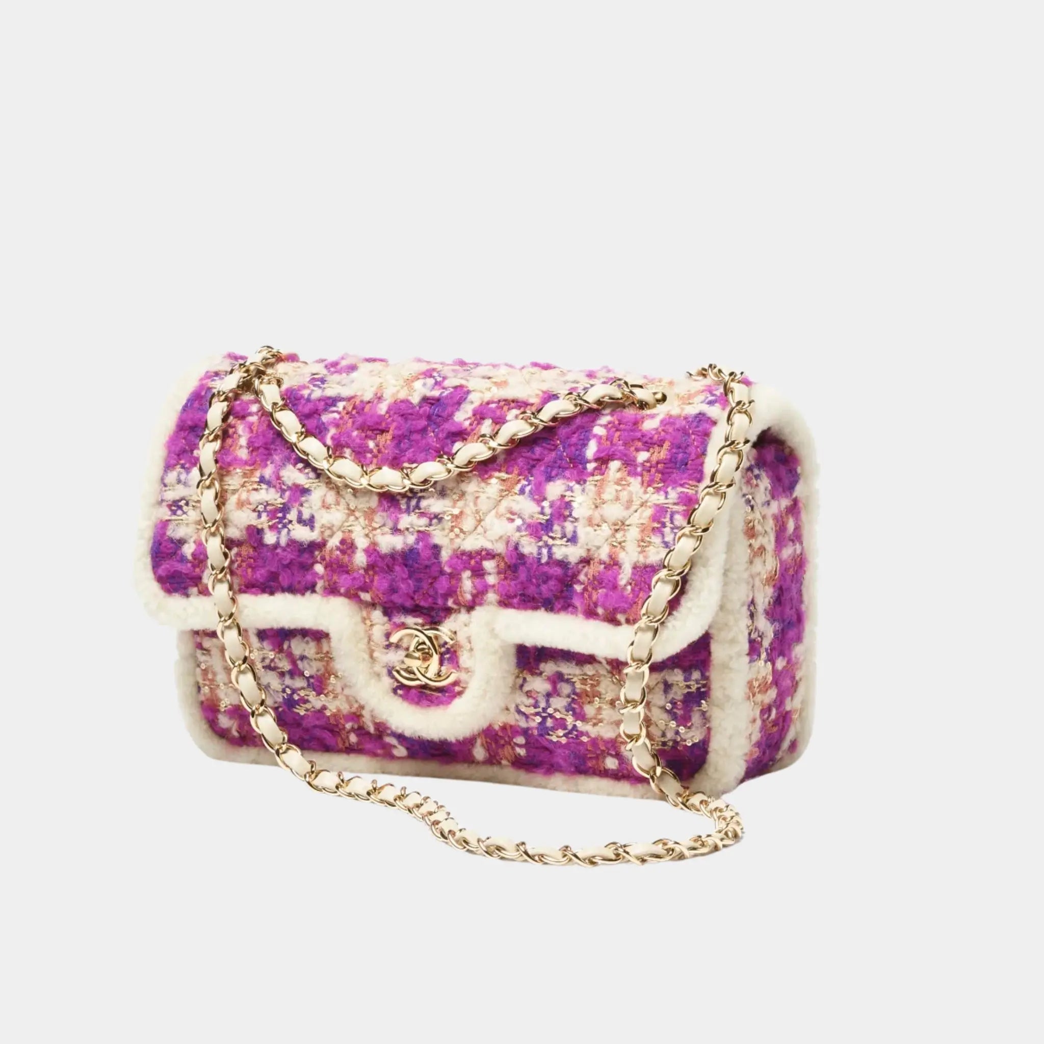 Chanel Large Flap Bag Tweed and Sheepskin with Gold-Tone Metal, Fuchsia, Front