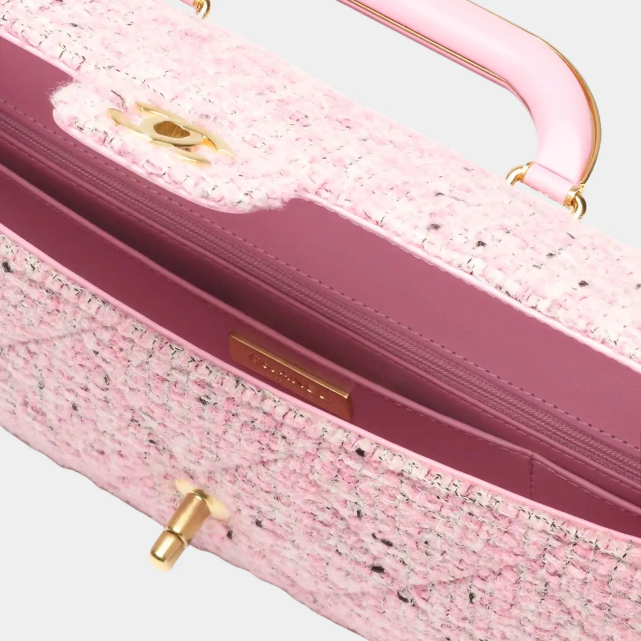 Chanel Small Classic Bag Cotton Tweed &amp; Gold Metal Black, Pink , Black, White, Closeup