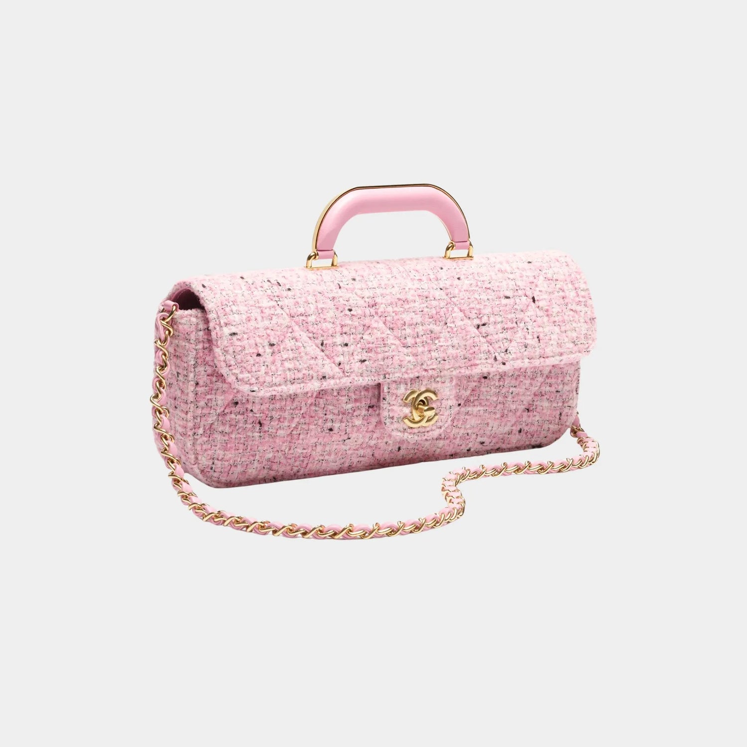 Chanel Small Classic Bag Cotton Tweed &amp; Gold Metal Black, Pink , Black, White, Front
