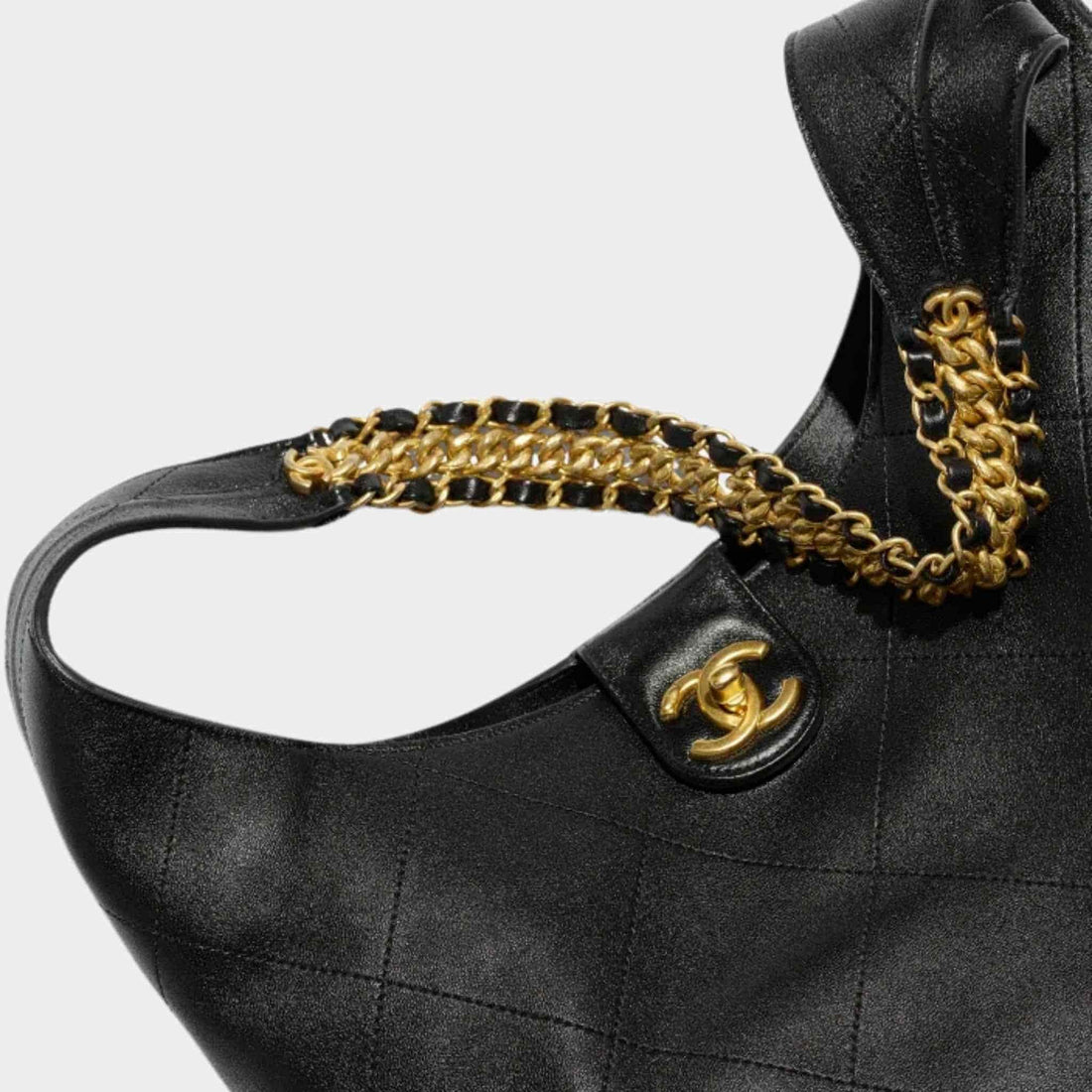 Chanel Large Hobo Bag Shiny Lambskin & Gold-Tone Metal Black, Close