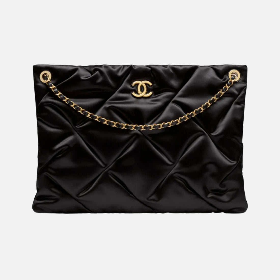 Chanel Large Pouch Bag In Satin And Gold Tone Metal, Black, Front