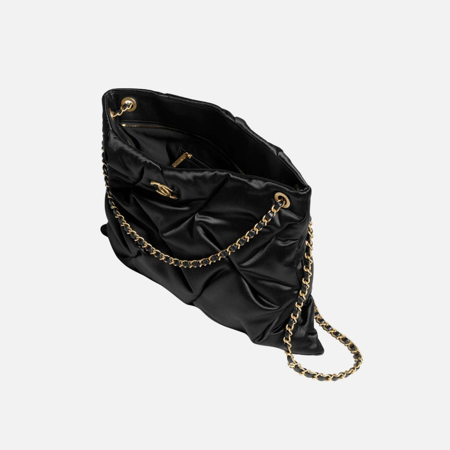 Chanel Large Pouch Bag In Satin And Gold Tone Metal, Black, Inside