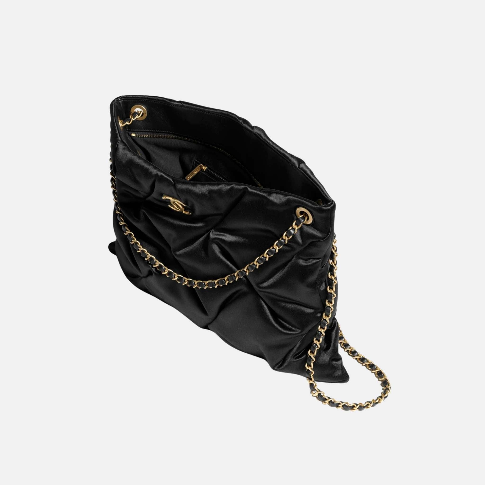 Chanel Large Pouch Bag In Satin And Gold Tone Metal, Black, Inside