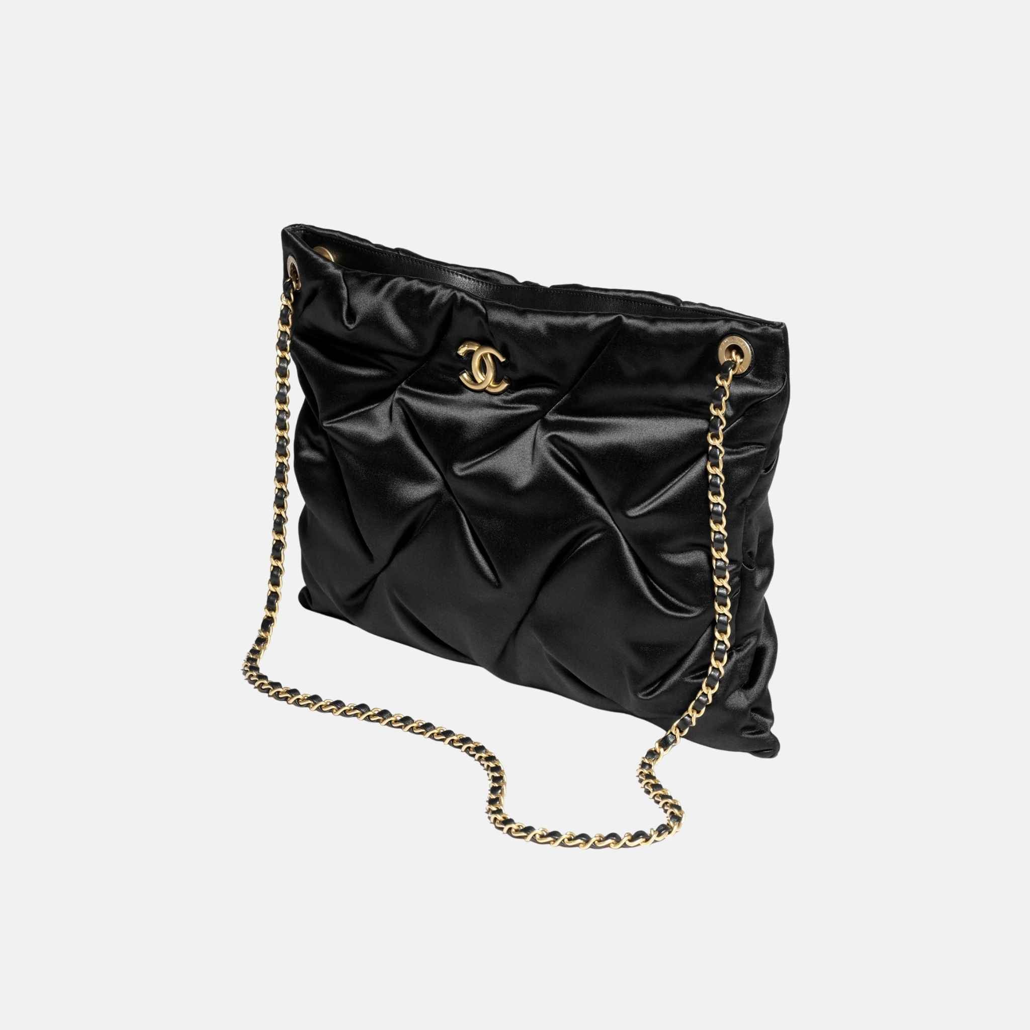Chanel Large Pouch Bag In Satin And Gold Tone Metal, Black, Side