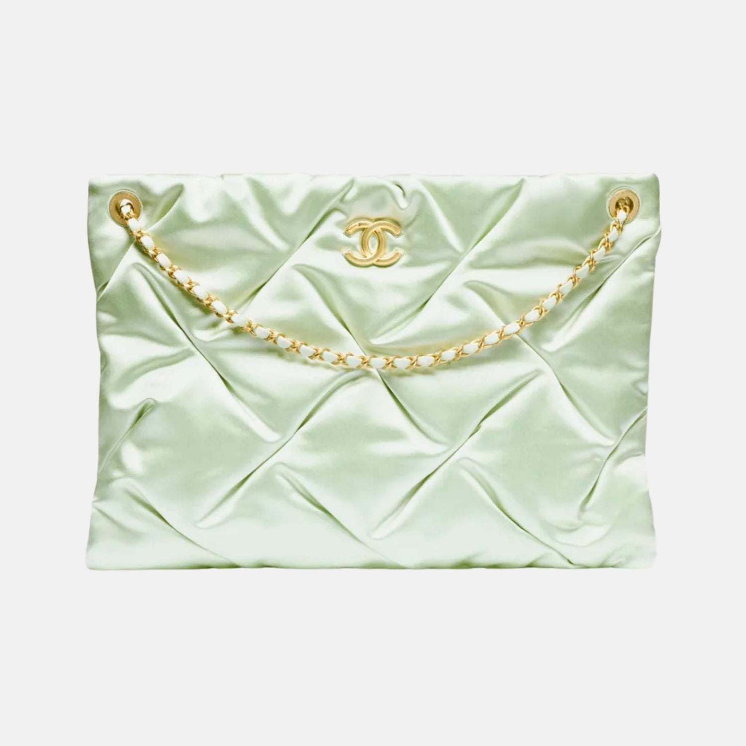 Chanel Large Pouch Bag In Satin And Gold Tone Metal, Light Green, Front