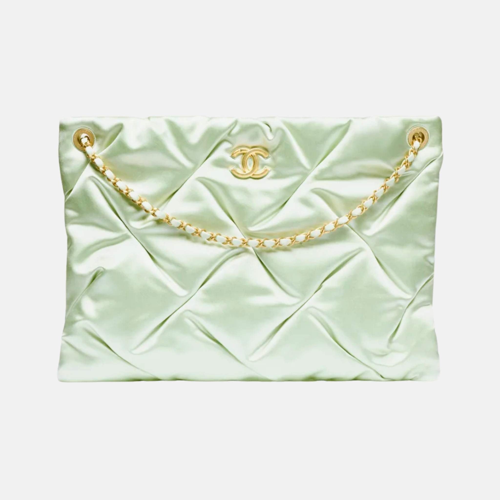 Chanel Large Pouch Bag In Satin And Gold Tone Metal, Light Green, Front