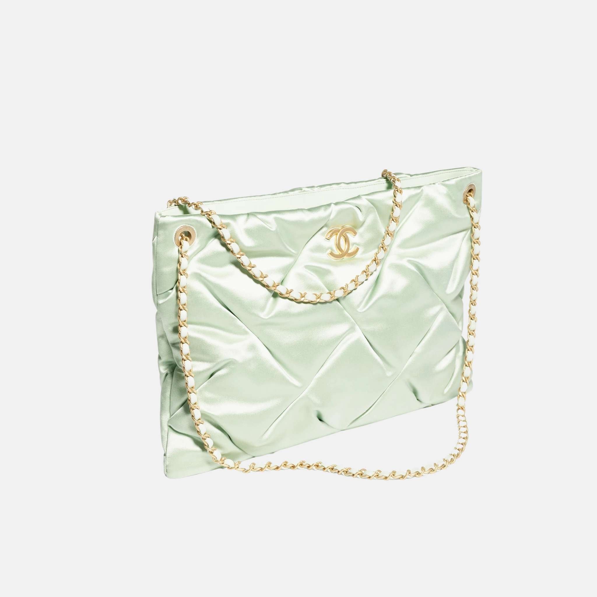 Chanel Large Pouch Bag In Satin And Gold Tone Metal, Light Green, Side